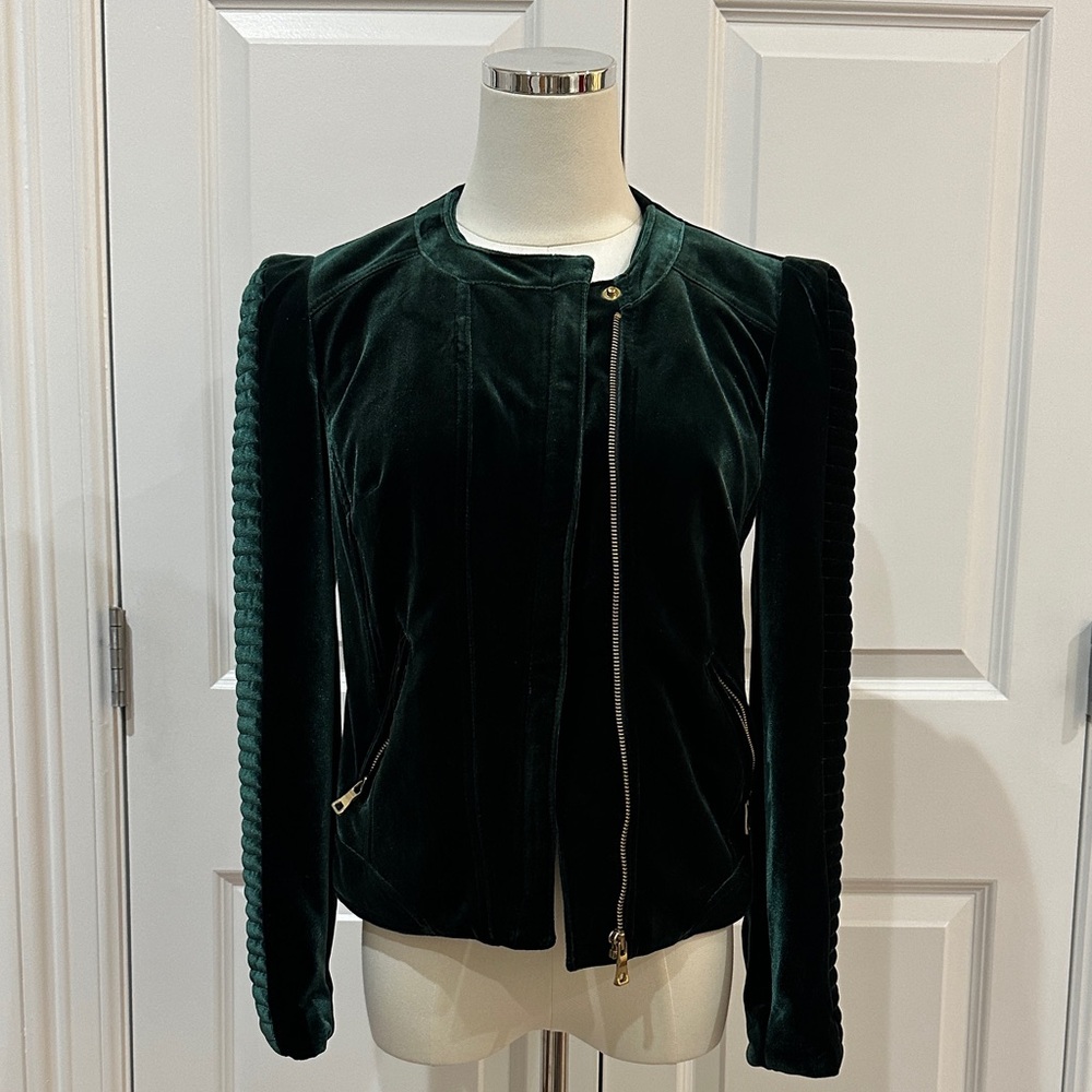 NWT INC Intntlβ The Gem Hunter Forest Emerald Green Velour Moto Jacket Size PS